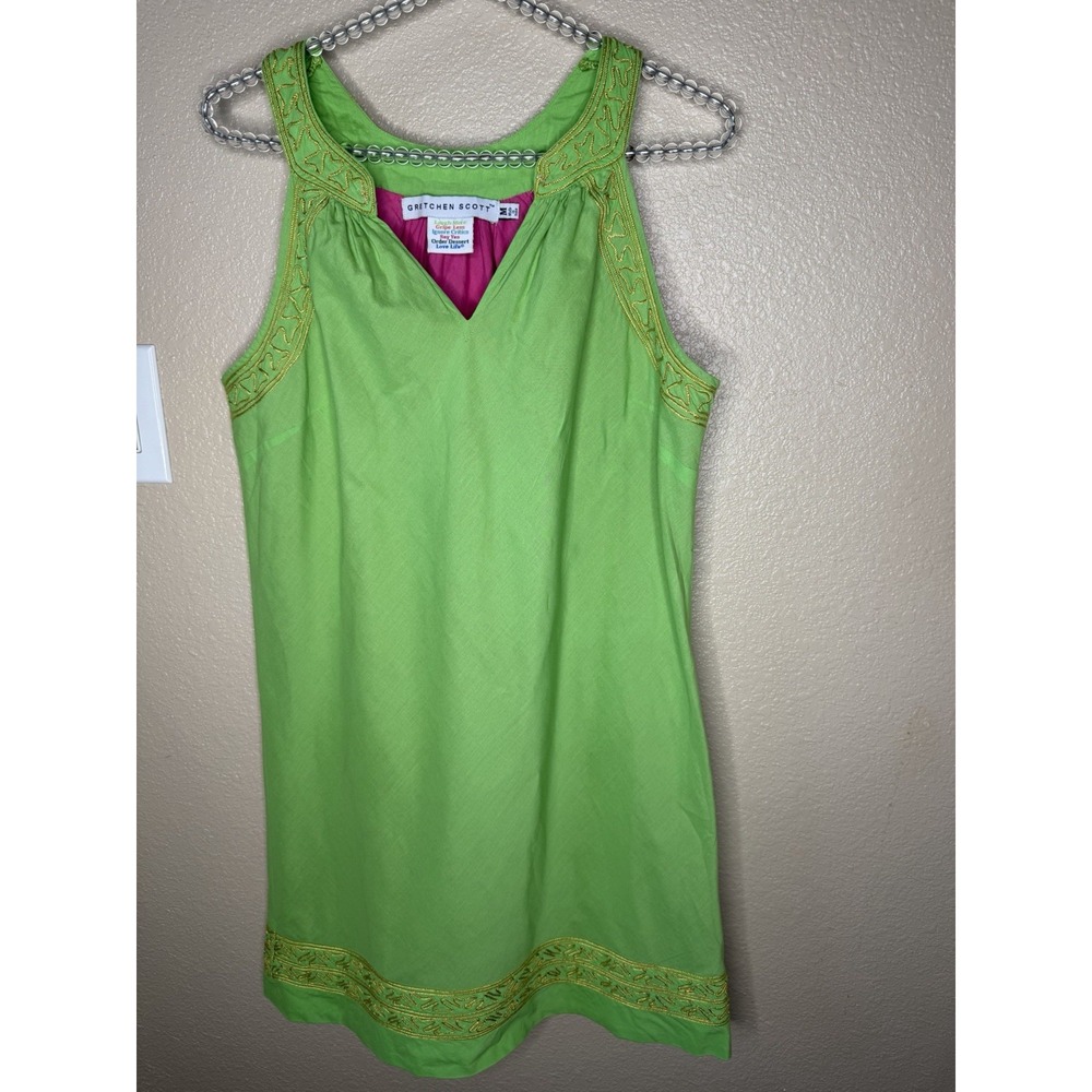 Gretchen Scott Women M Green Shift Dress Gold Embroidery Sleeveless Resort Tunic